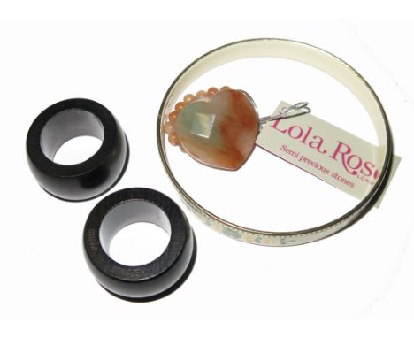 Lola Rose quartz ring in pouch, together with two Hermes scarf toggles, an enamel bracelet and silver clasped necklace 