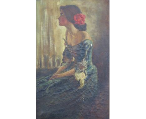 Portrait of a seated lady with red flower in her hair Oil on canvas, 40cm x 24cm