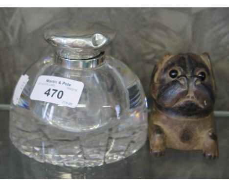 A silver top inkwell, Birmingham 1900, together with a Black Forest wooden dog inkwell (both as found)