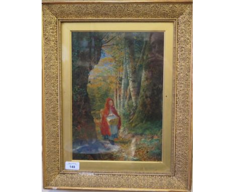 19th century British School Little Red Riding Hood on a wooded lane Inscribed verso 'Henry Darwall, 21 Eversholt Street, Camd