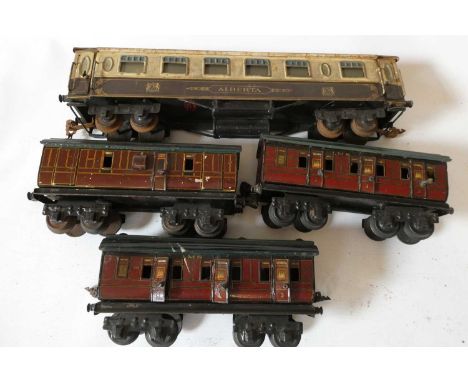 Gamages London (Marklin) O gauge coaches comprising Pullman Alberta and three LMS bogie coaches, some age wear and minor dama