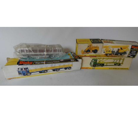 Dinky 954 Vega major luxury coach, 974 AEC car transporter, 976 MI tractor dozer, 980 Coles hydra truck 150T and Mercedes Ben