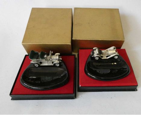 Matchbox promotional ashtray with vintage car in silver plate and a second ashtray with vintage spiker car finished in silver