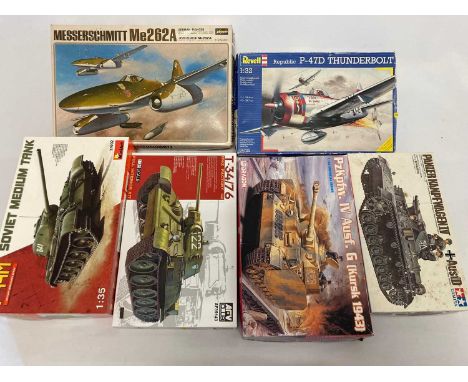Six model tank and aircraft kits, comprising 1/35 scale Miniart T-44M, 1/35 scale Ar.v Club T-34/76, 1/35 scale Tamiya Panzer