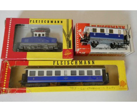 Fleischmann Steeple Cab Rack locomotive in blue and white with second class bogie coach and passenger coach, all items boxed,