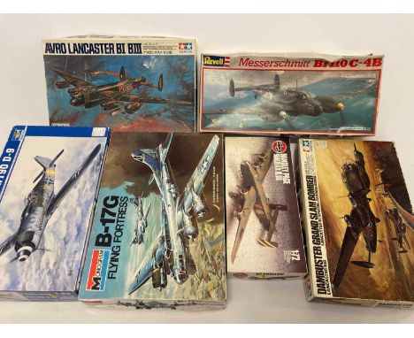 Six model aircraft kits, comprising 1/72 scale Airfix Handley Page Halifax BIII, a 1/32 scale Revell Messerschmitt Bf110 C-4B