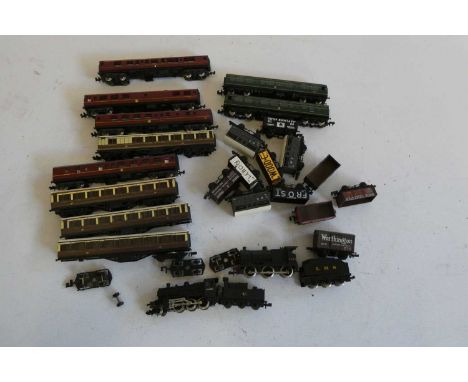 Unboxed N Gauge railway models by Lima and others including BR Class 2 locomotive, LMS 4F locomotive, BR DMU, passenger and g
