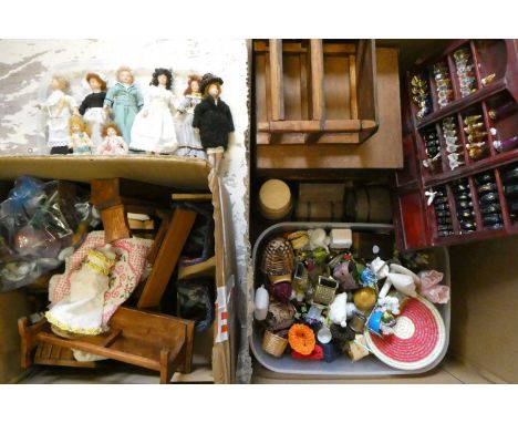 Two boxes of doll's house furniture and accessories including wooden and upholstered furniture, dolls, and metal, fabric and 