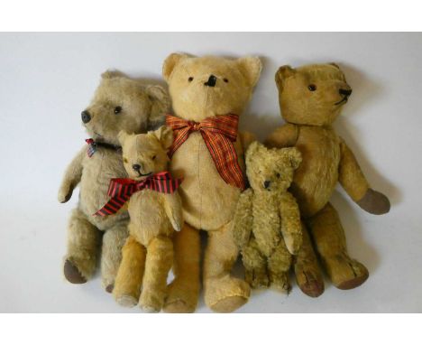 Five vintage teddy bears, mainly English and all with jointed bodies, largest 17 1/2" long (Est. plus 24% premium inc. VAT)Co