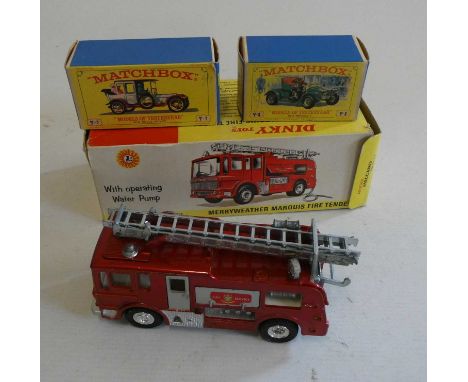 Dinky Merryweather Fire Engine, box AF, model fair, and two Matchbox vintage cars Y7 Roll Royce and Y2 Renault, boxed, fair (
