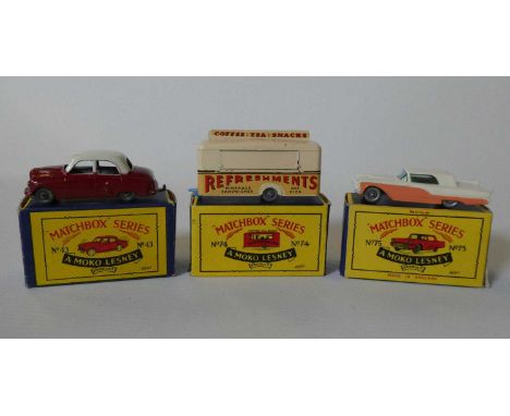 Matchbox Moko No43 Hillman Minx, No74 Mobile Canteen and No75 Ford Thunderbird, boxes good+, models mint (Est. plus 24% premi