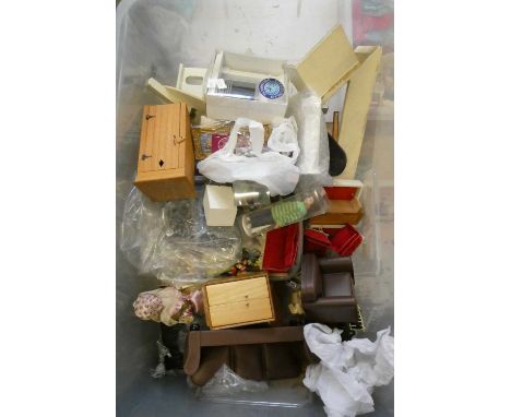 A large box of doll's house furniture, accessories and building items comprising vintage and modern wooden, metal and upholst