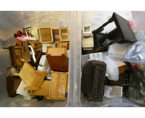 Two boxes of doll's house furniture &amp; accessories, containing vintage and modern examples of wooden furniture, upholstere