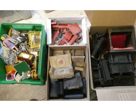 Four small boxes of doll's house furniture and accessories, including vintage wooden, metal and upholstered items (Est. plus 