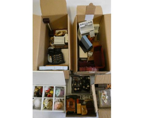 Four boxes of doll's house furniture and accessories, comprising two boxes of 1:12th scale wood, metal, ceramic and upholster