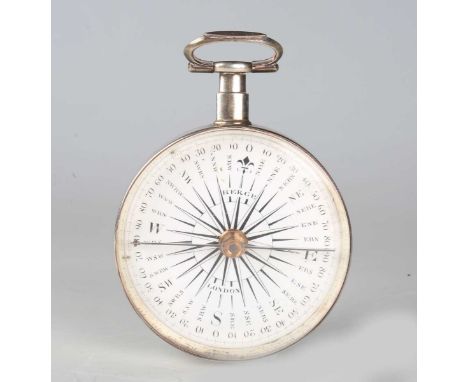 A George III silver cased pocket compass, the white enamel dial inscribed 'Berge, London', London 1802, diameter 5.3cm.
