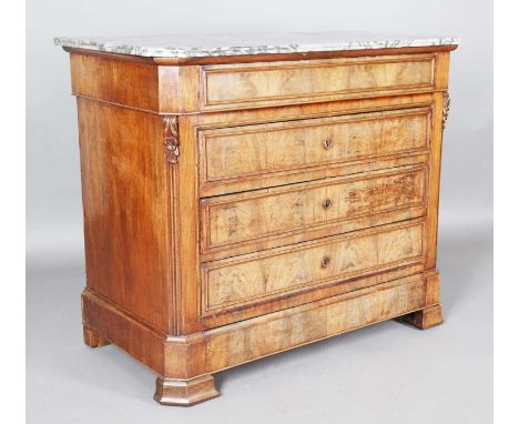 A Louis Philippe mahogany four-drawer commode with a grey marble top, height 92cm, width 110cm, depth 57cm.