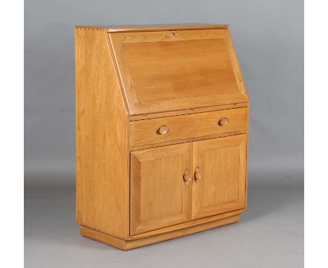 A modern Ercol pale elm bureau, height 115cm, width 91cm, depth 46cm.