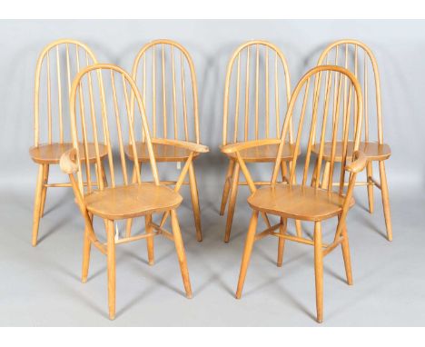 A set of six mid-20th century Ercol style oak and ash stick back kitchen dining chairs by Priory, comprising two carvers, hei