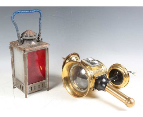An early 20th century Swiss railway lamp with two applied plaques detailed 'Locher E.K. Zuerich' and 'S.B.B KR3 5237', height