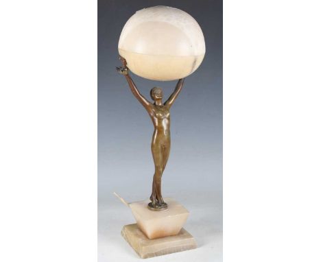 An Art Deco patinated cast spelter and alabaster figural table lamp, height 46cm (faults).