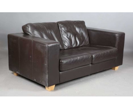 A modern brown leather sofa by John Lewis, height 62cm, width 159cm, depth 91cm.