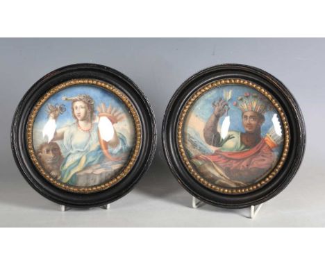 A pair of 19th century watercolour on ivory portrait miniatures, both finely painted depicting half-length portraits emblemat