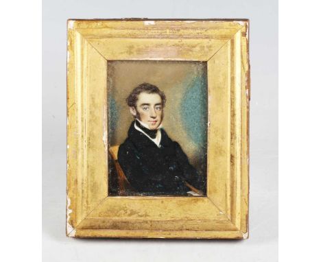 British School - a 19th century half-length portrait miniature of a young gentleman, watercolour on ivory, 7.7cm x 5.6cm, wit