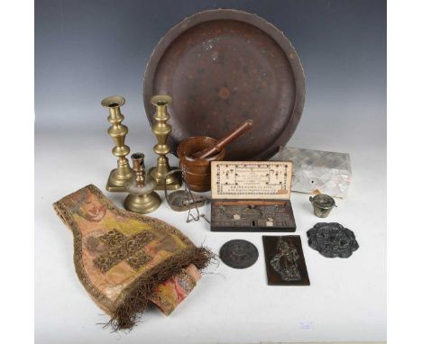 A mixed group of collectors' items, including a 19th century treen pestle and mortar, height 10cm, a 19th century bronze plaq