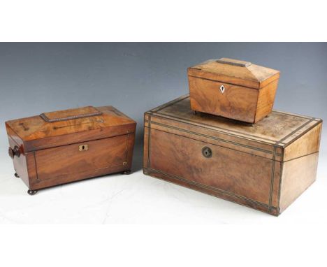 A mid-Victorian burr walnut writing slope with brass line inlaid borders, width 40cm, together with a Regency mahogany tea ca