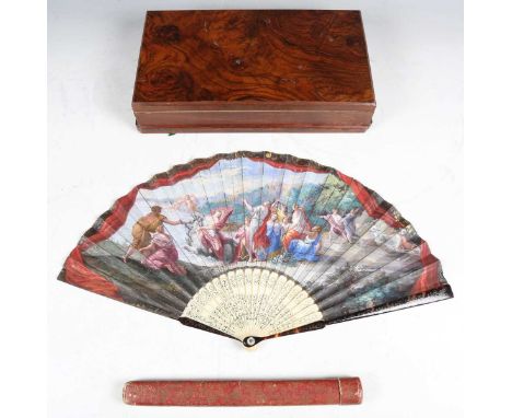 A rare and important 17th century tortoiseshell and ivory mounted folding fan and a related leather glove of royal interest, 