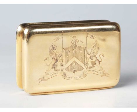 A George III Irish 18ct gold snuff box of rounded rectangular form, the hinged lid finely engraved with a coat of arms and mo