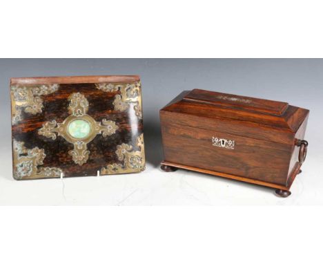 A Regency rosewood tea caddy of sarcophagus form, width 32cm, together with a .830 silver spoon and a Victorian Gothic Reviva