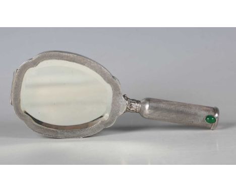 An early 20th century Continental .800 silver combination hand mirror, compact and lipstick holder, the mirror section hinged