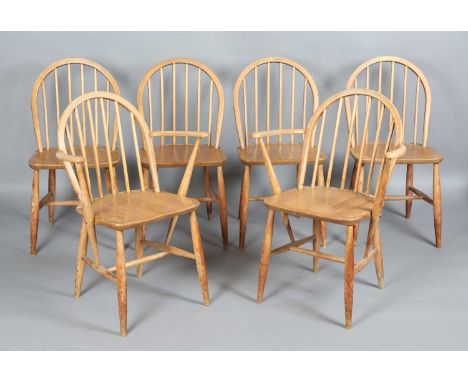 A set of six mid-20th century Ercol stick back Windsor chairs, comprising a pair of carvers, height 82cm, width 62cm, and fou