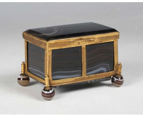 A small 19th century agate and gilt metal framed casket, on agate ball feet, width 7.5cm.