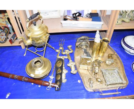 Brass kettle on stand together with a quantity of other brass ware 