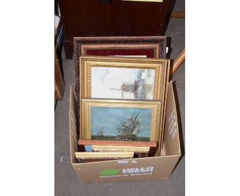 Box containing a quantity of various framed oleograph prints etc