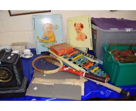 Mixed lot of toys, tennis racket and other items