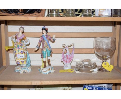 A pair of figuines together with glass inkwell and a large glass
