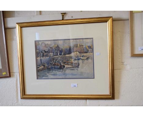 Framed watercolour, fishing boats by a quay