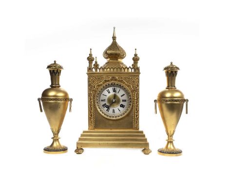 GILT BRASS CLOCK GARNITURE LATE 19TH CENTURY of Oriental design, with two traight eight day movement by Achille Brocot striki