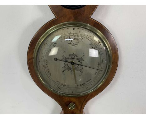 RIVA &amp; CO., MAHOGANY WHEEL BAROMETER AND THERMOMETER GLASGOW, EARLY 19TH CENTURY  with silvered dials and convex mirror, 