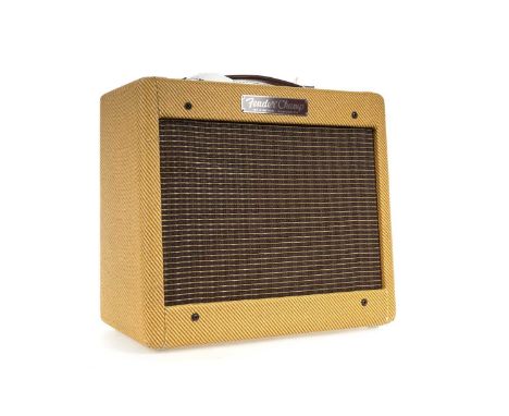 FENDER CHAMP '57 CUSTOM AMPLIFIER in mustard tweed, with outer coverImages provided; does power up, one valve stronger than t