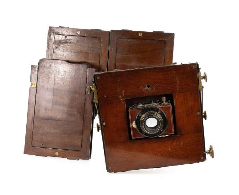 J. LIZARS, VICTORIAN 'CHALLENGE' HALF PLATE CAMERA GLASGOW the mahogany body with maker's plaque, brass mounts, along with fo