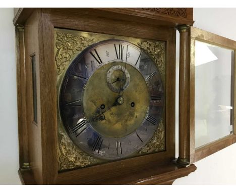 OAK LONGCASE CLOCK OF EARLY 18TH CENTURY DESIGN  with twin train eight day movement, the engraved brass dial with silvered Ro