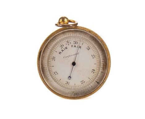 VICTORIAN COMPENSATED POCKET BAROMETER CIRCA 1877 with silvered dial in brass case, bearing presentation inscription to rever