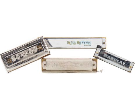 FIVE HARMONICAS 20TH CENTURY including two by Hohner, The Echo Harp and Super Chromonica, with two fitted neck holdersQty: 5