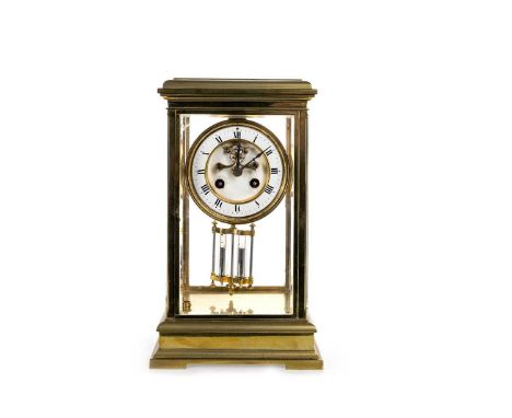 VICTORIAN MANTEL CLOCK eight day movement with visible escapement, the white enamel dial with Roman numerals, the pendulum wi