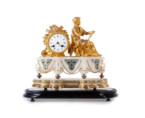 FRENCH ONYX MANTEL CLOCK LATE 19TH CENTURY with eight day movement and striking on a bell, the enamel dial set with Roman num